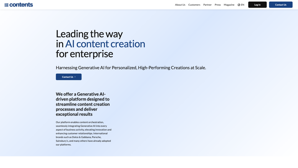 Contents - Leading the way in AI Content Creation for Enterprises site's screenshot
