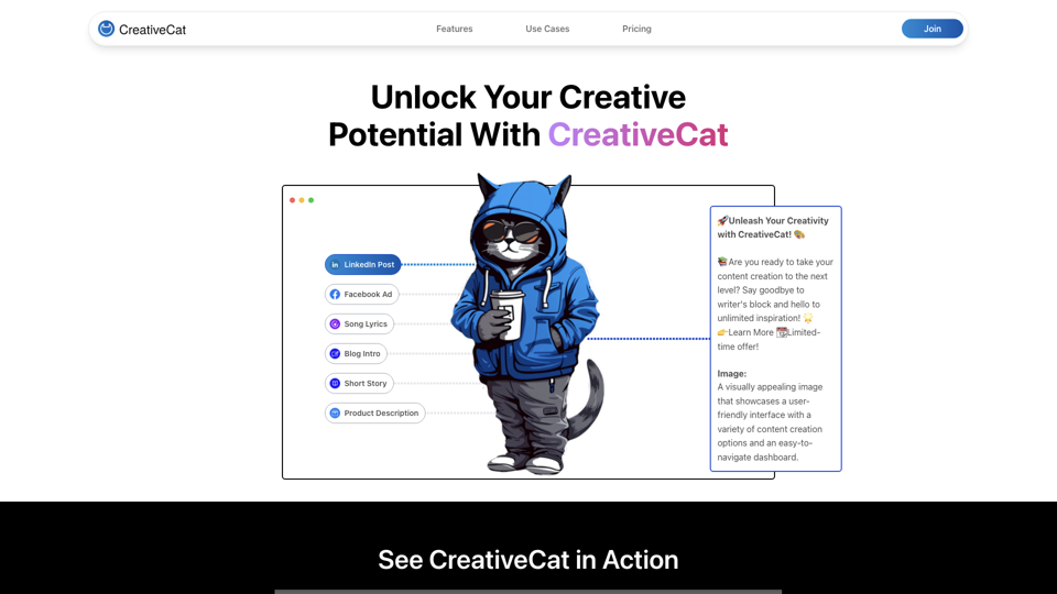 CreativeCat - AI Content Writing & Generation Tool site's screenshot