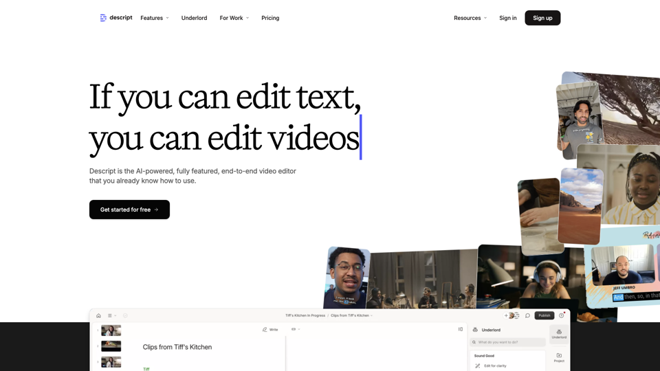 Descript: Edit Videos & Podcasts Like a Doc | AI Video Editor site's screenshot