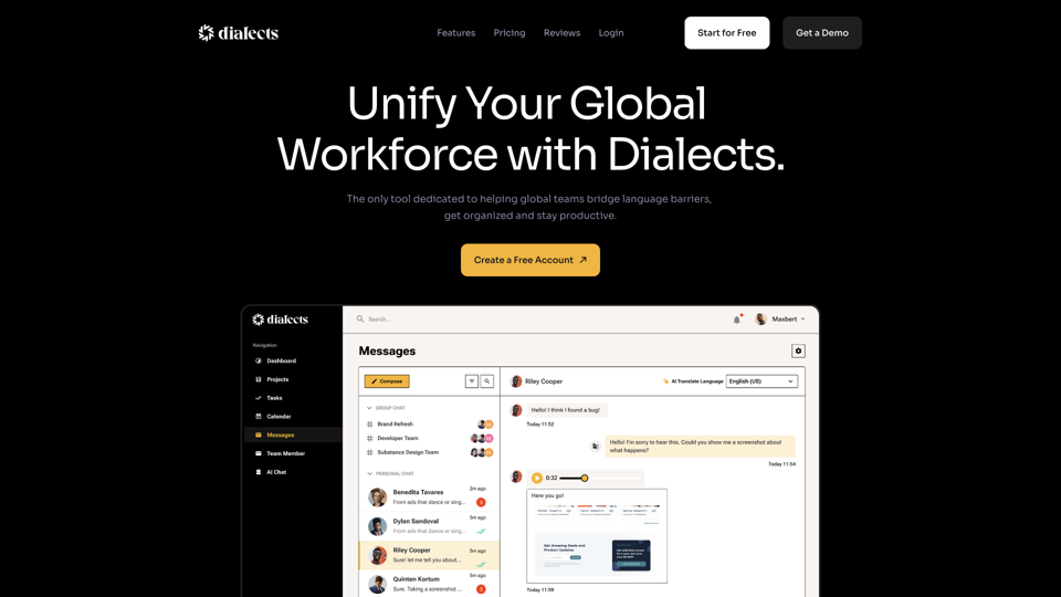 Dialects - Unify Your Global Workforce with Dialects site's screenshot