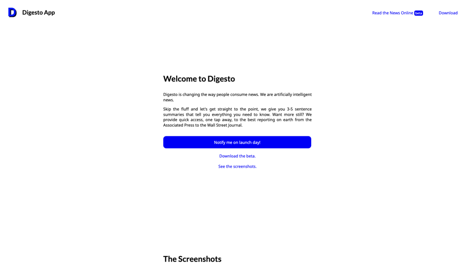 Digesto - Your AI news assistant. Know what's important, skip the fluff. site's screenshot