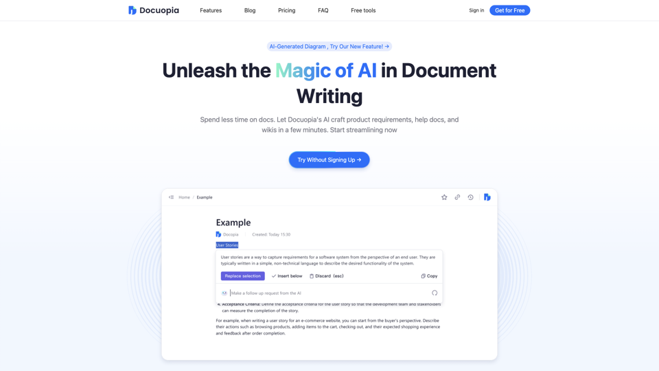 Docuopia | Unleash the Magic of AI in Document Writing site's screenshot