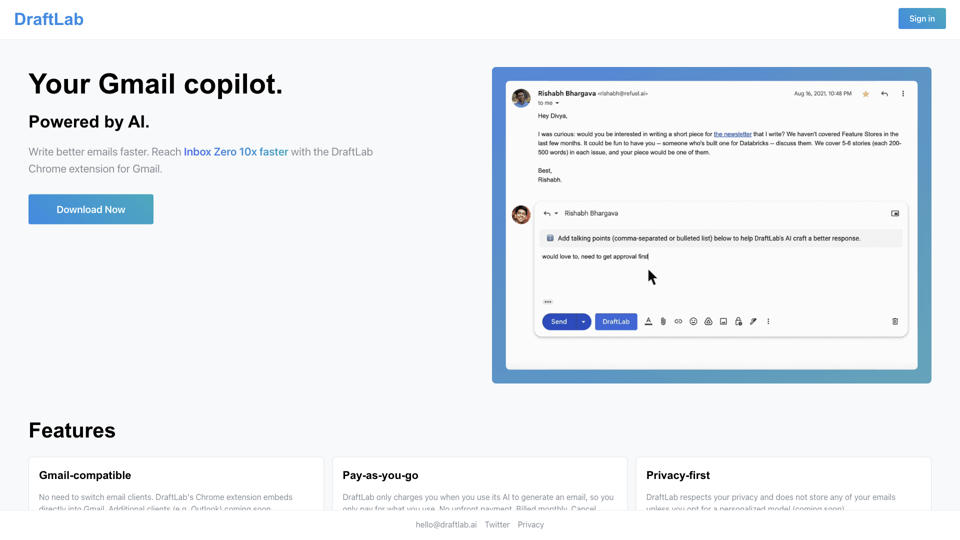 DraftLab: Your AI-powered Gmail copilot to write better emails faster site's screenshot