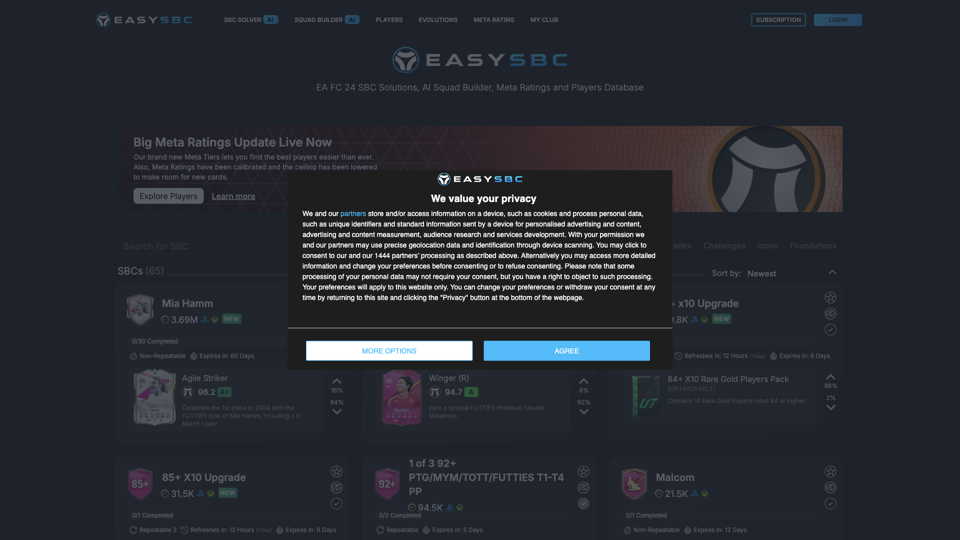 EA FC 24 SBC Solutions, AI Squad Builder, Meta Ratings and Players Database - EasySBC site's screenshot