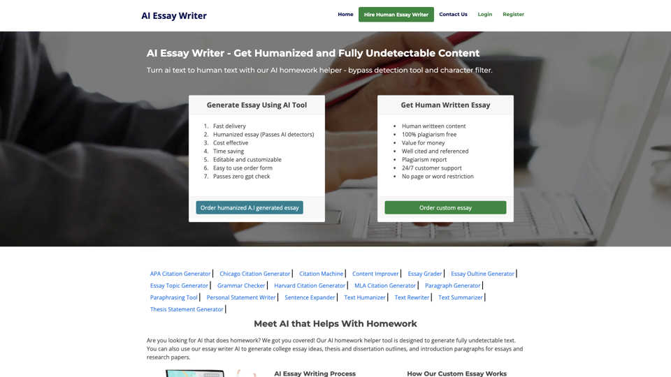 AI Essay Writer - Get Humanized and Fully Undetectable Text site's screenshot