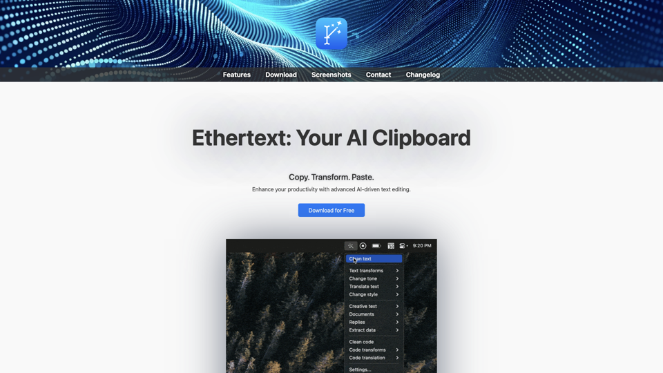 Ethertext: Your AI Clipboard site's screenshot