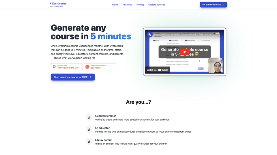 Create an Online Course with AI in 5 Minutes | EverLearns site's screenshot