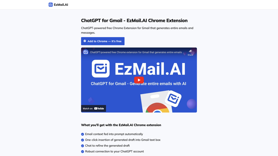 ChatGPT for Gmail Free Chrome Extension | EzMail.AI site's screenshot