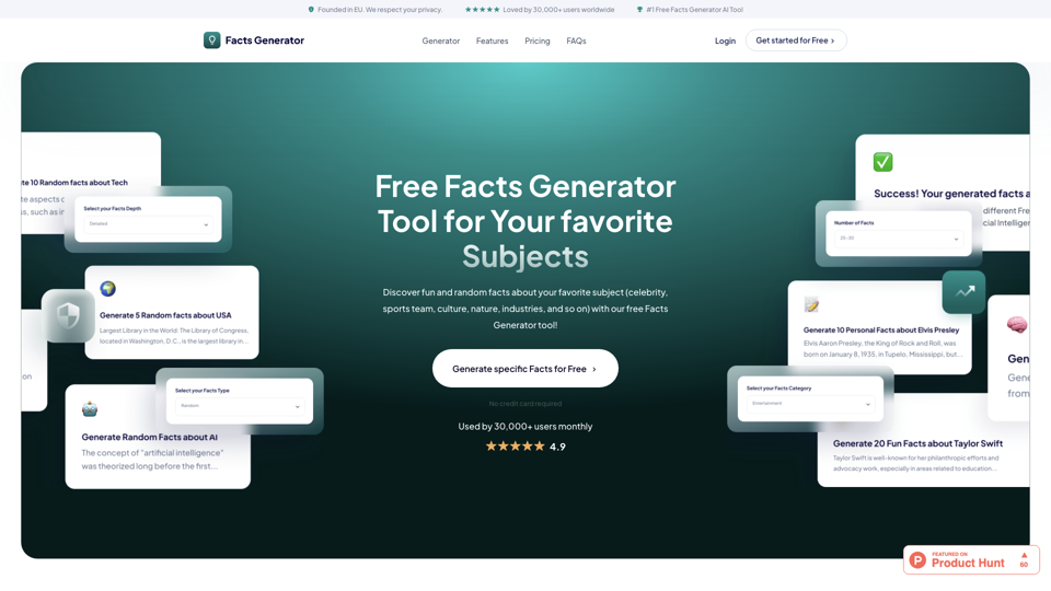 Free Facts AI Generator Tool for Your favorite Subjects - Fun & Random Facts Generator - Facts-Generator.com site's screenshot