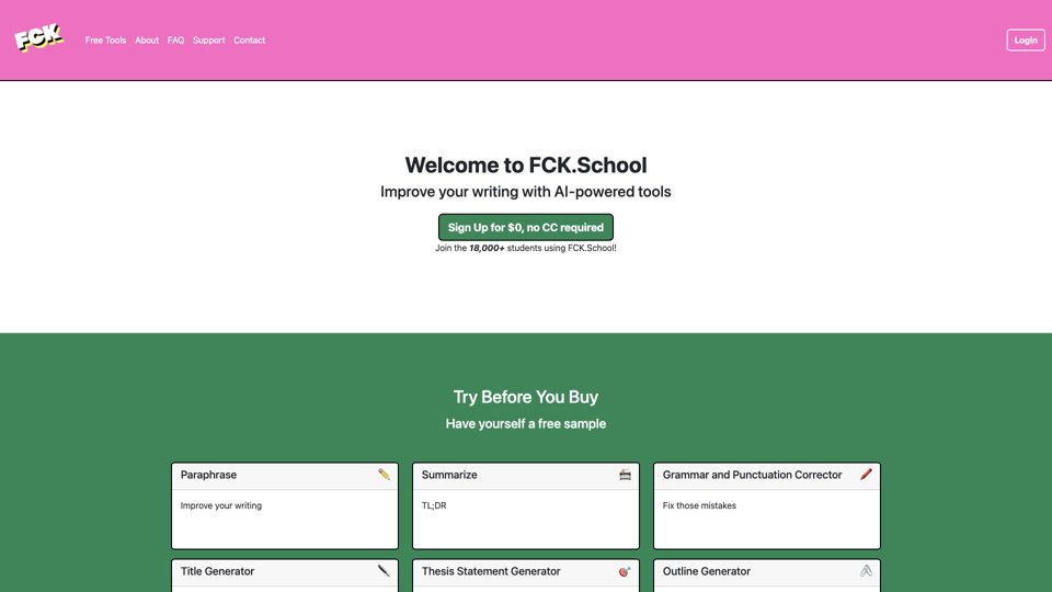 FCK.School - AI-Powered Writing Tools for Students site's screenshot