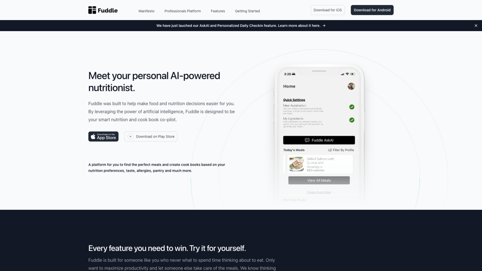 Fuddle - AI Nutritionist & Cook Book Co-Pilot site's screenshot