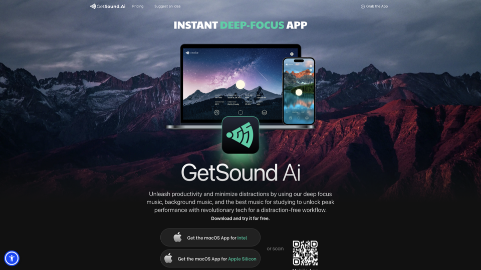 GetSound.ai - Deep Focus Using Real-Time Soundscapes, Minimize Distractions, Unleash Productivity site's screenshot