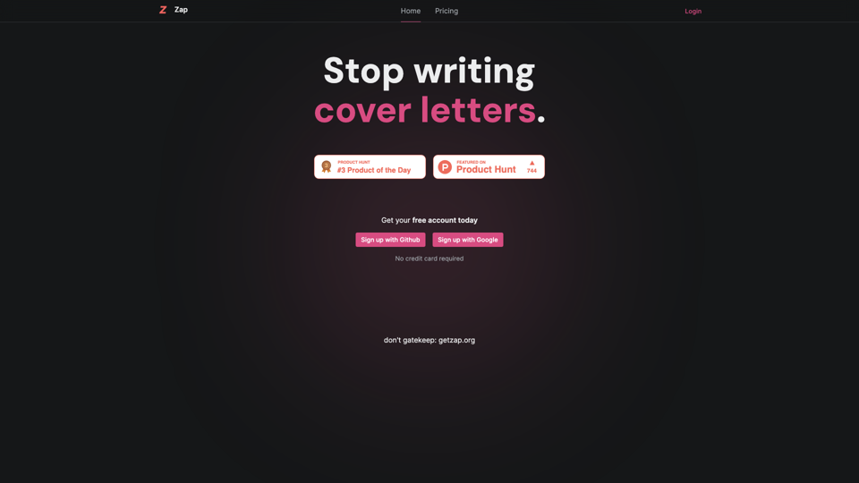 Zap - Cover Letters site's screenshot