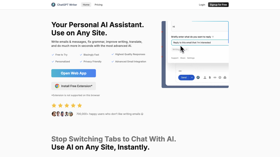 ChatGPT Writer - Write emails, messages, and more using AI site's screenshot