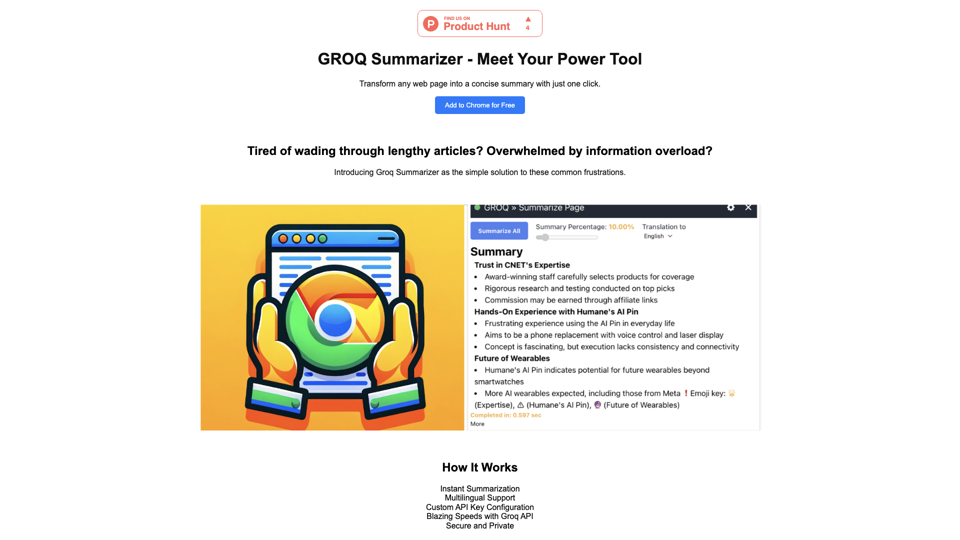 Groq Summarizer Landing Page site's screenshot