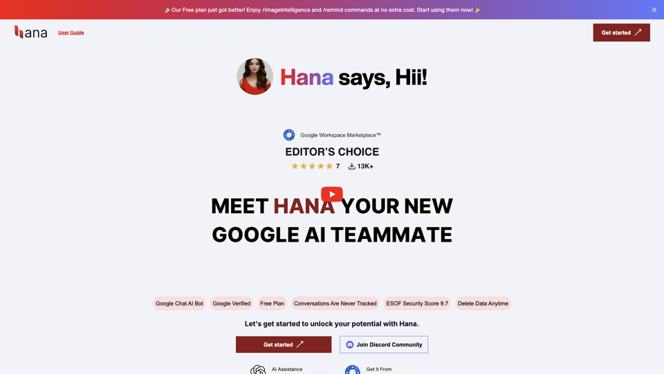 Hana: Your AI-Powered Google Chat Assistant site's screenshot