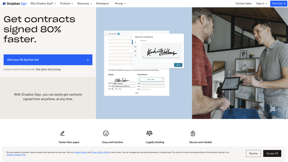 Dropbox Sign eSignature Agreements — Work Smarter - Dropbox site's screenshot