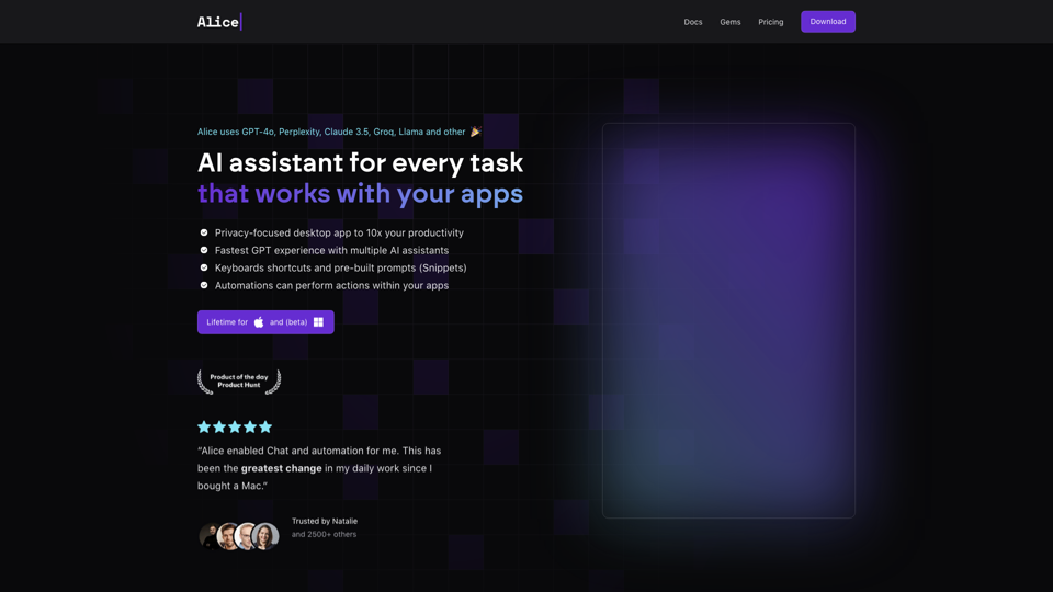 Alice - ChatGPT desktop app with superpowers! site's screenshot