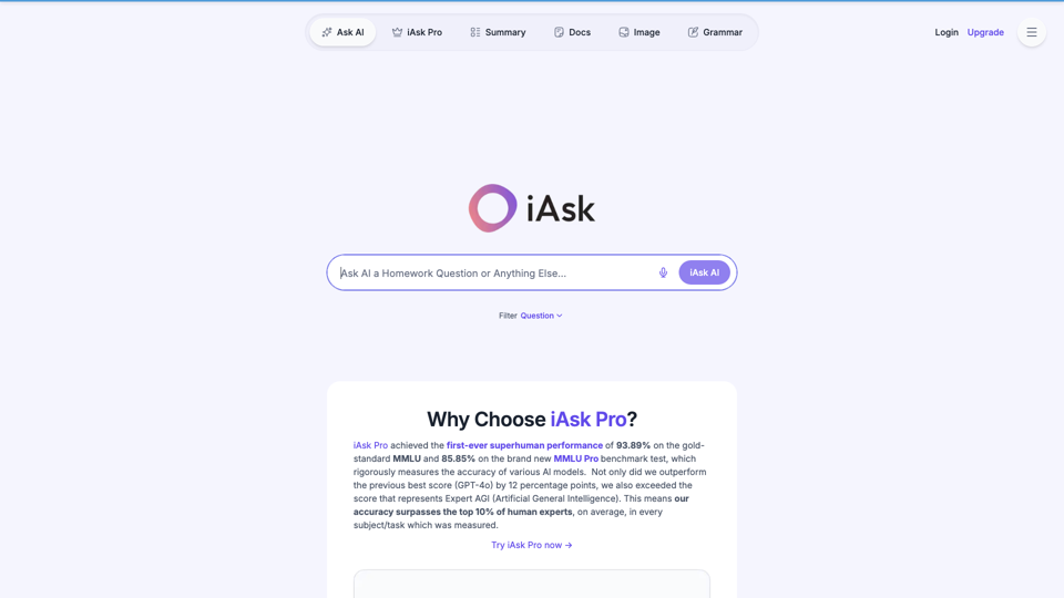 Ask AI Questions · Free AI Search Engine · iAsk.Ai is a Free Answer Engine, Enabling Users to Ask ChatGPT AI Any Question (iAsk) site's screenshot