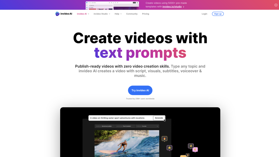 Invideo AI - Turn ideas into videos - AI video creator site's screenshot