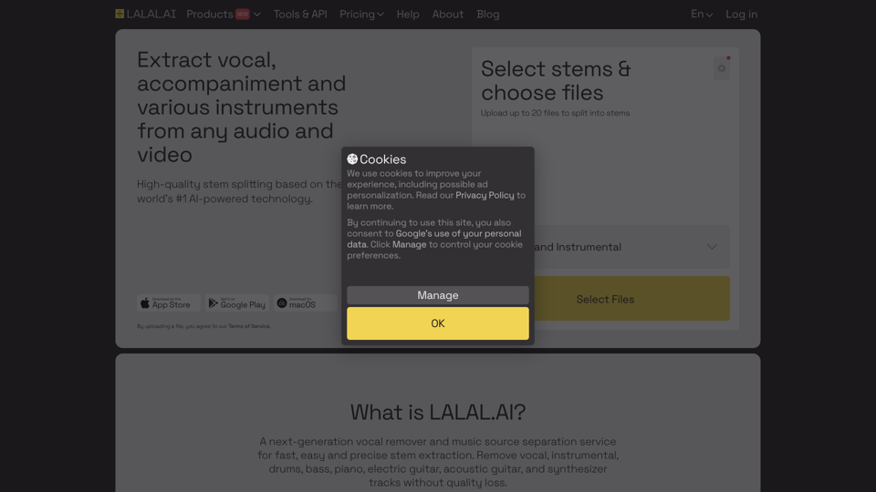 Vocal Remover & Instrumental AI Splitter | LALAL.AI site's screenshot