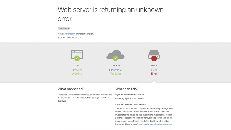 leafio.ai | 520: Web server is returning an unknown error site's screenshot