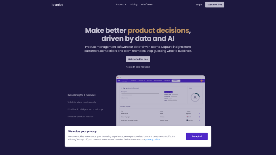 Leanbe: Product management platform for data-driven teams site's screenshot