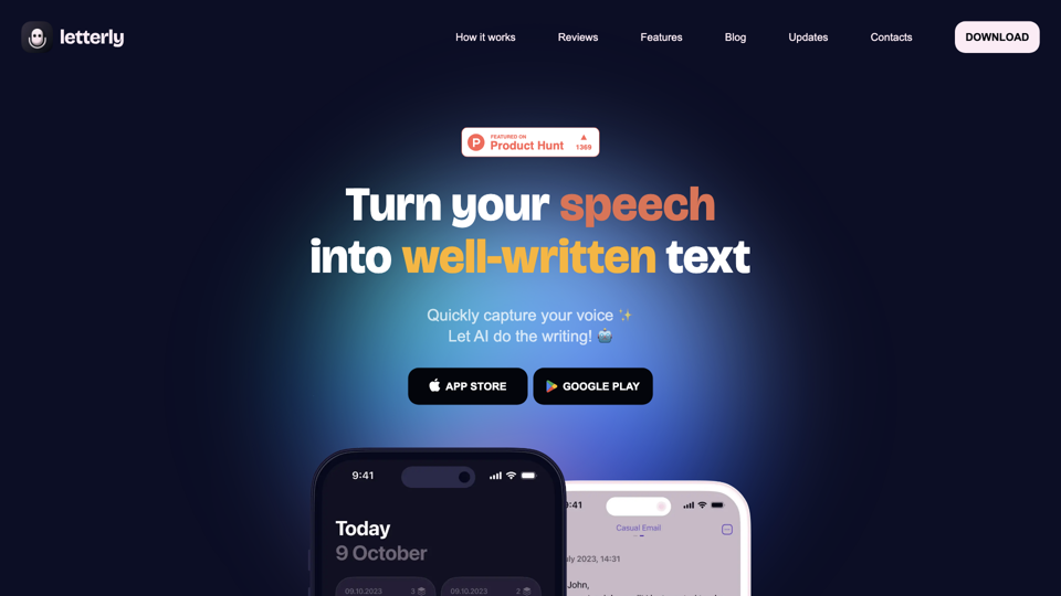 Letterly · AI speech to clear text mobile app site's screenshot