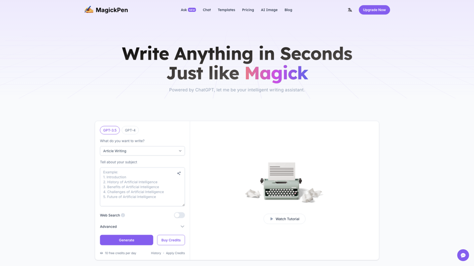 MagickPen - AI Writing Assistant, powered by ChatGPT site's screenshot