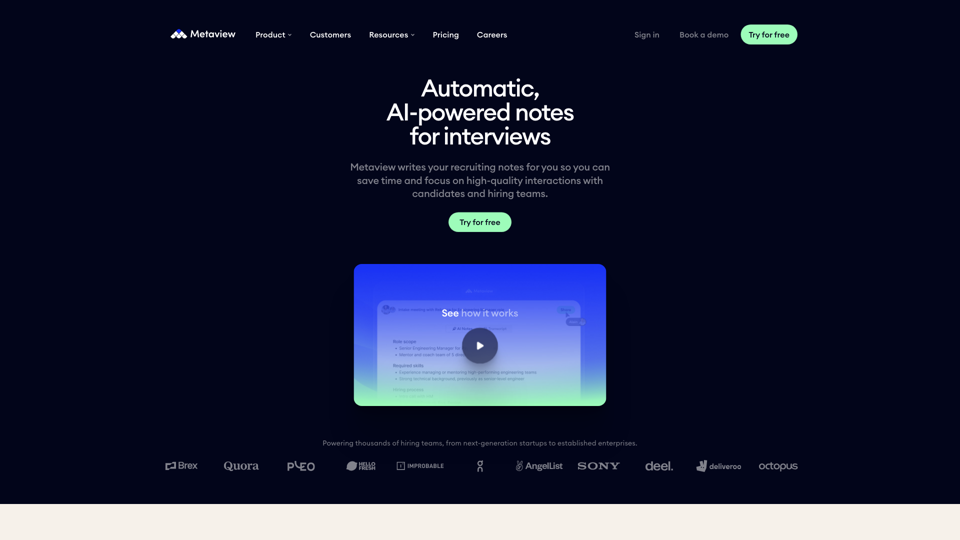 Automatic, AI-generated interview notes | Metaview site's screenshot