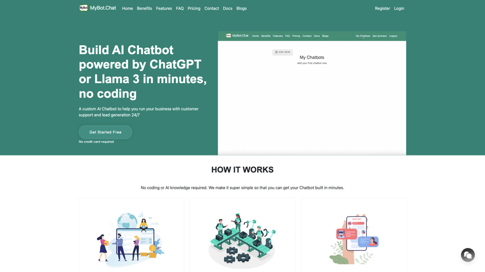 MyBot.Chat - build your AI chatbot for customer support and lead generation without coding site's screenshot