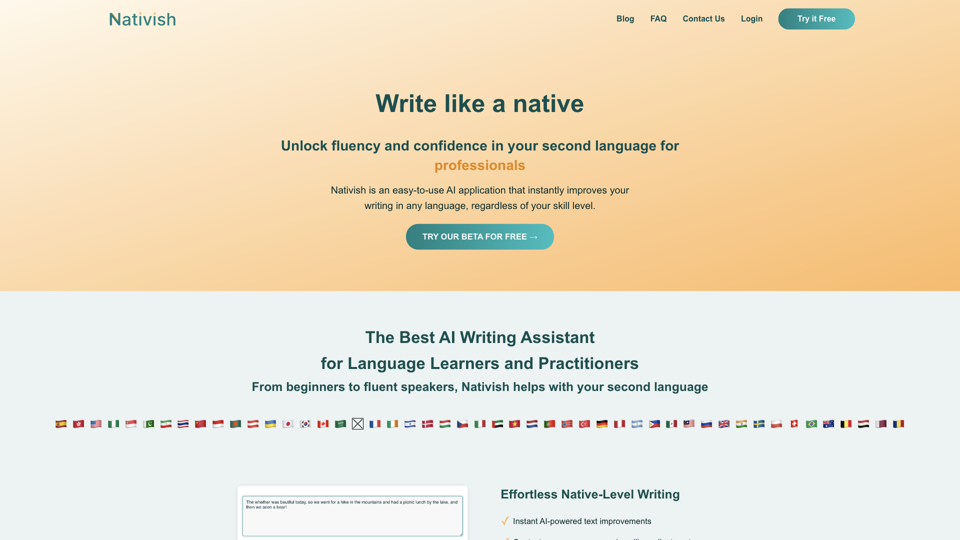 Nativish | Instant Native-Level Writing in Any Language site's screenshot
