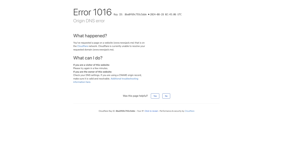 Origin DNS error | www.newsjack.me | Cloudflare site's screenshot