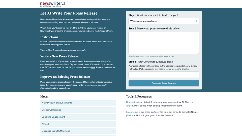Newswriter.ai site's screenshot