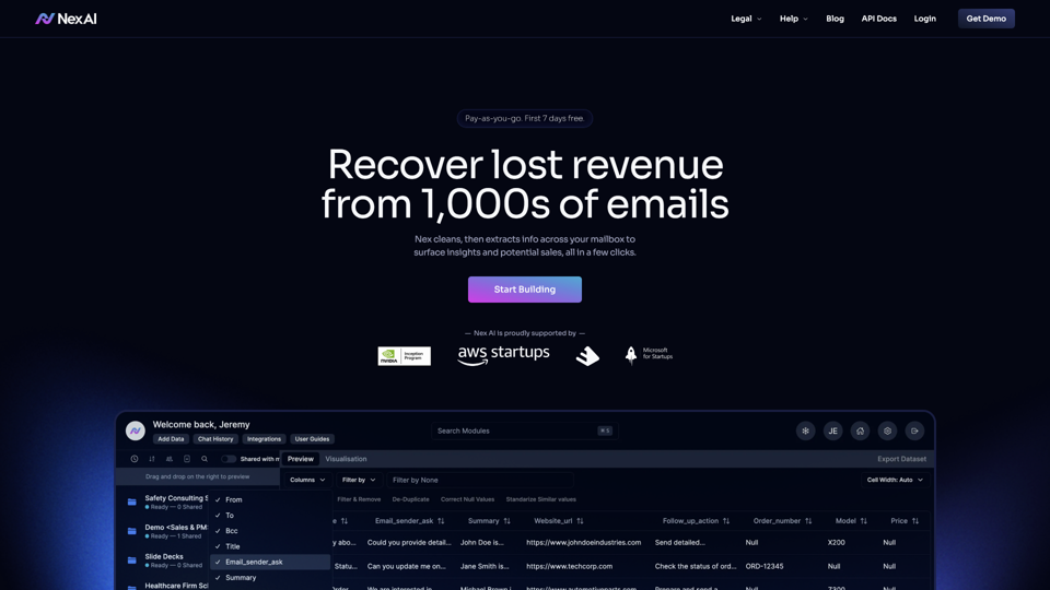 Nex AI - Email Data Extraction site's screenshot