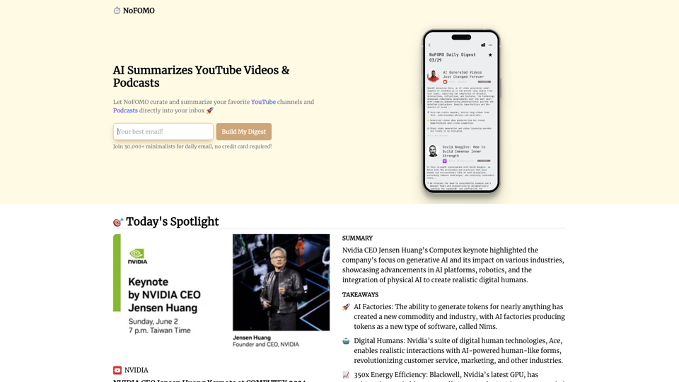 AI that summarizes Youtube Videos and Podcast - NoFOMO.ai site's screenshot