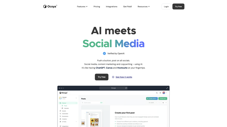 Ocoya: AI Social Media Management site's screenshot