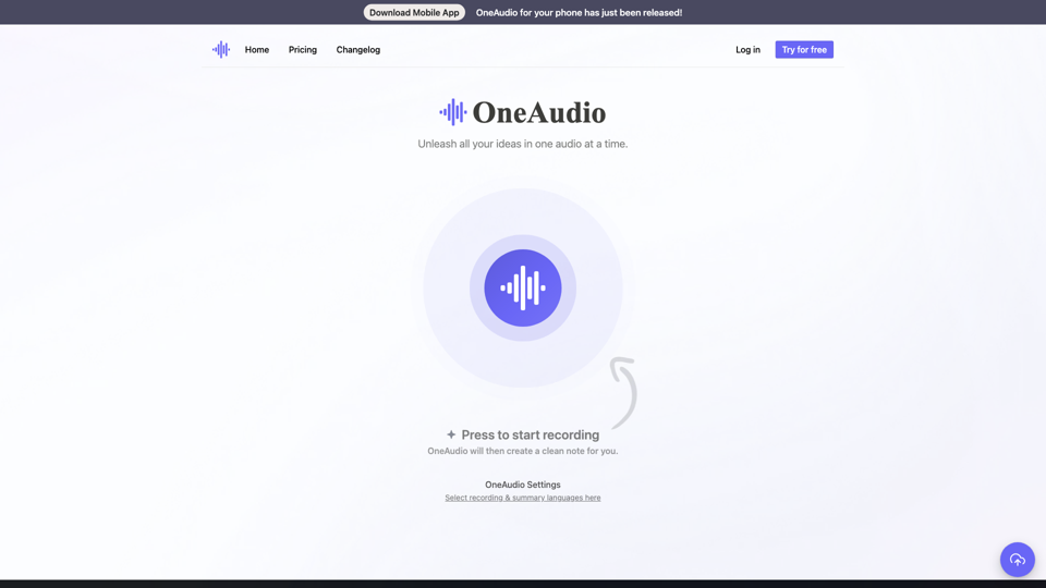 OneAudio – Summarize, transcribe & convert your audios to notes. site's screenshot