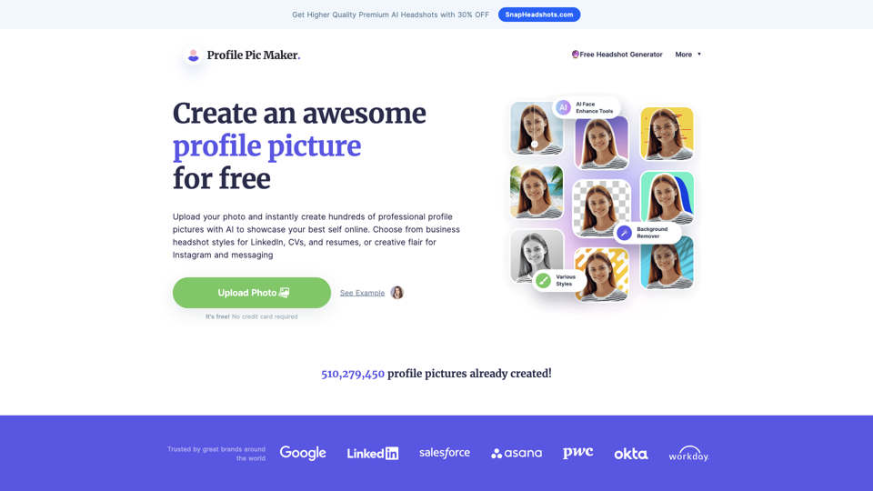 Free Profile Picture Maker - Generate your PFP with AI site's screenshot