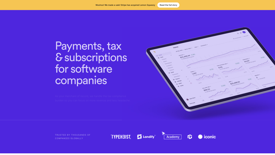 Payments, tax & subscriptions for software companies • Lemon Squeezy site's screenshot