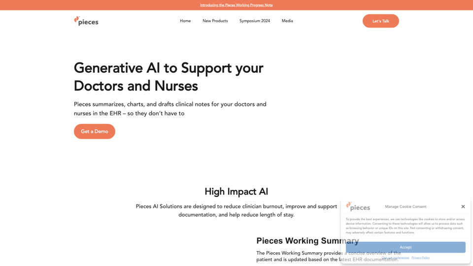 Pieces Technologies: Clinical Generative AI for frontline care teams site's screenshot