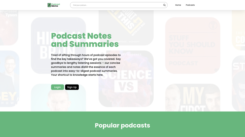 PodcastMemo: Best Podcast Summaries & Notes site's screenshot