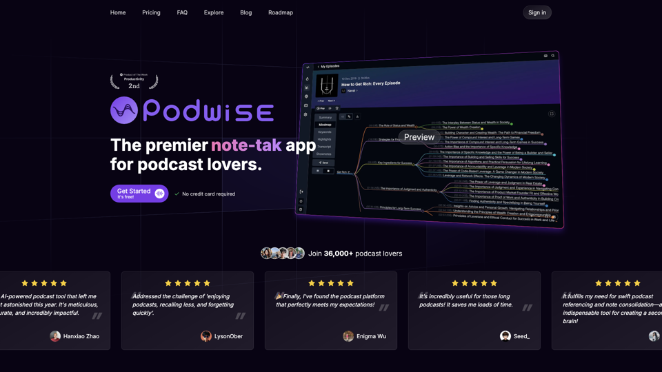 Podwise - Podcast knowledge at 10x speed site's screenshot