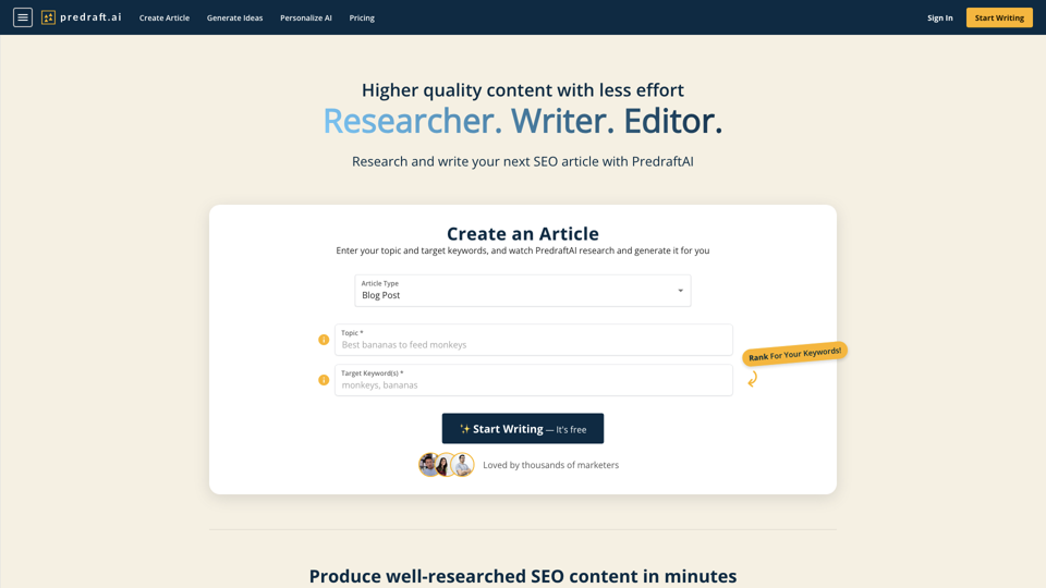 predraft.ai | 1-click SEO Researcher & Writer | Free Forever site's screenshot