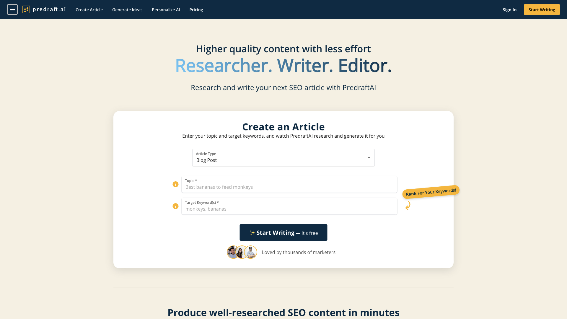 predraft.ai | 1-click SEO Researcher & Writer | Free Forever