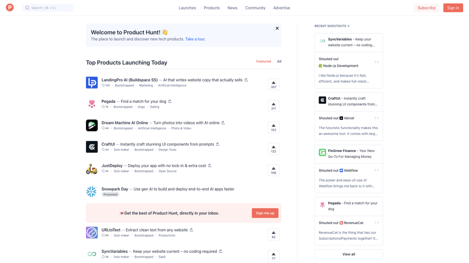 Product Hunt – The best new products in tech. site's screenshot