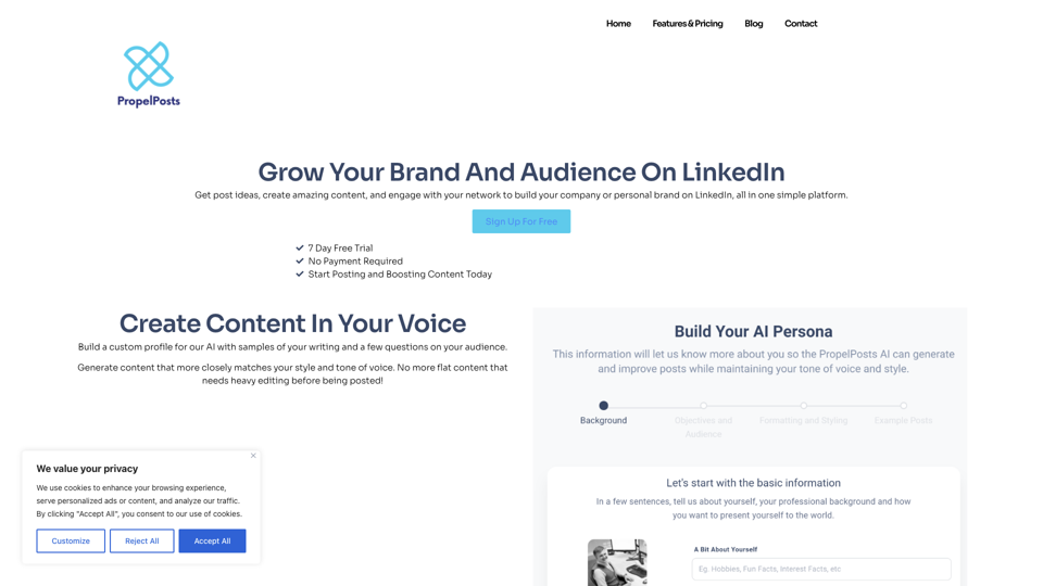 PropelPosts - Home Page - PropelPosts - LinkedIn AI Tools - Grow Your Branc site's screenshot