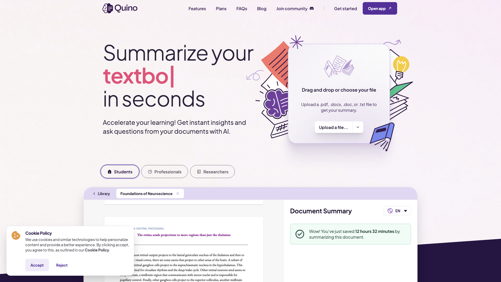 Quino AI | AI-Driven Document Summary & Chat for Students Quino AI | AI-Driven Document Summary & Chat for Students