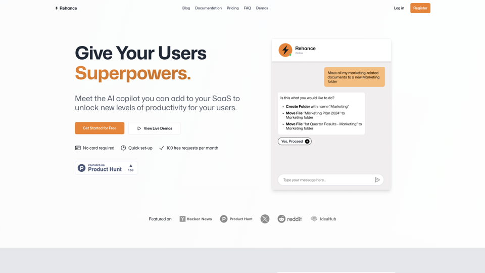 Rehance - Add AI Assistants To Your SaaS In Minutes site's screenshot