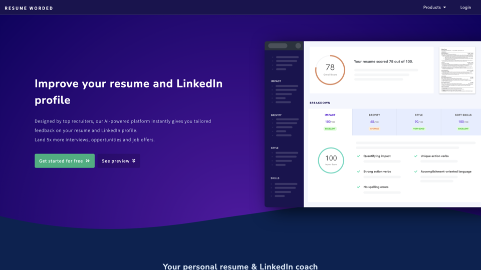 Resume Worded - Free instant feedback on your resume and LinkedIn profile site's screenshot